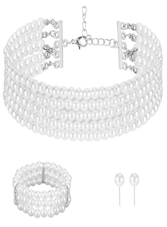 Qiuruoo Faux Pearl Jewelry Set for Women.Pearl Necklace and Earring Set, Choker Necklace for Women, Earrings, Bracelet Set of Three (for Ladies) - Image 1